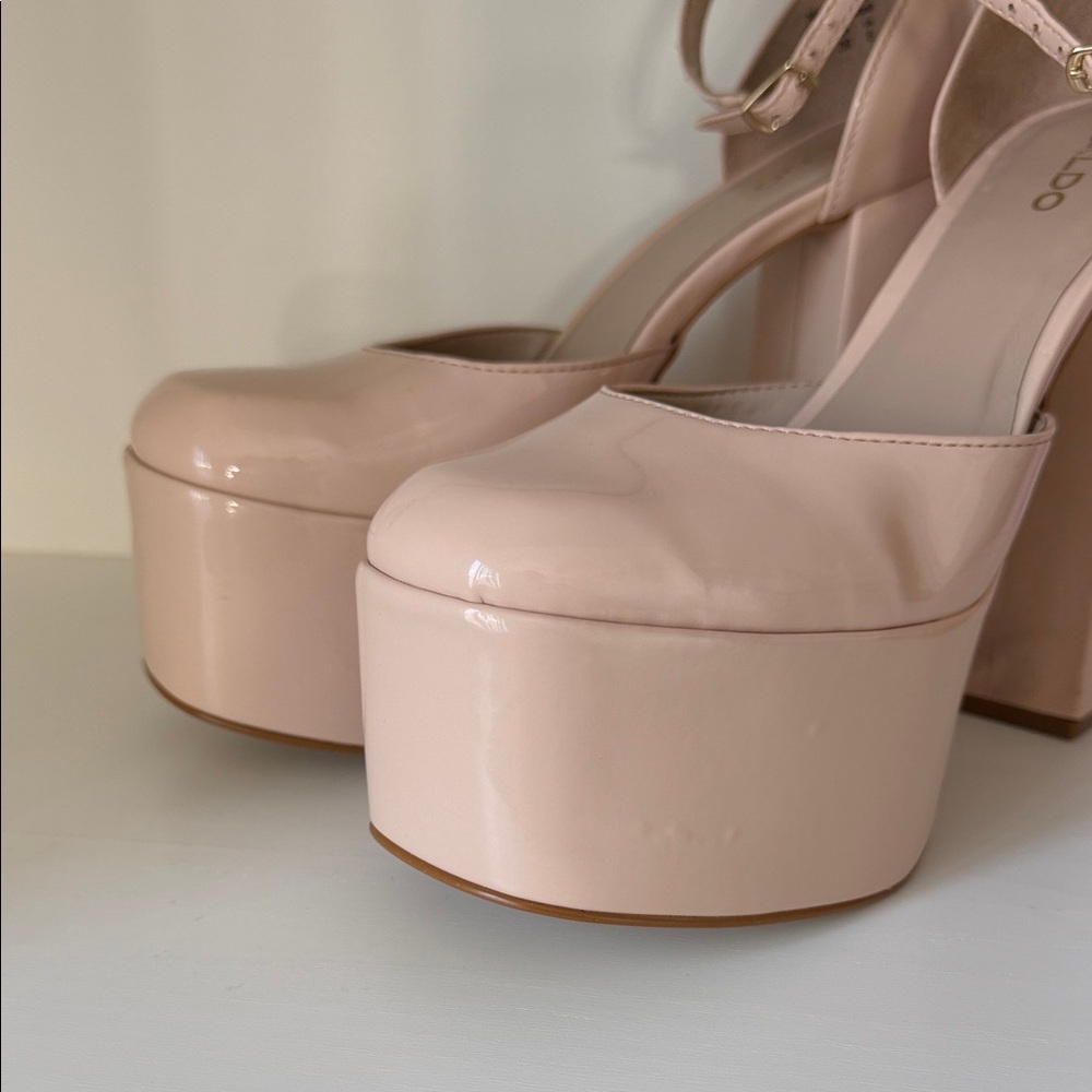 Aldo Nude Patent Platform Block Heel Pumps with‎ Ankle Strap - Picture 6 of 10